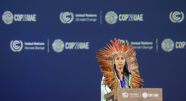 Isabel Prestes da Fonseca, a representative of the Brazilian indigenous community, addressing the World Climate Action Summit during the UN Climate Change Conference COP28 at Expo City  in Dubai, United Arab Emirates.